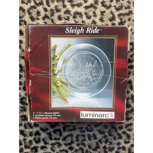 VTG In Box Luminarc Sleigh Ride dessert Salad plates-set of 4, Christmas Holiday